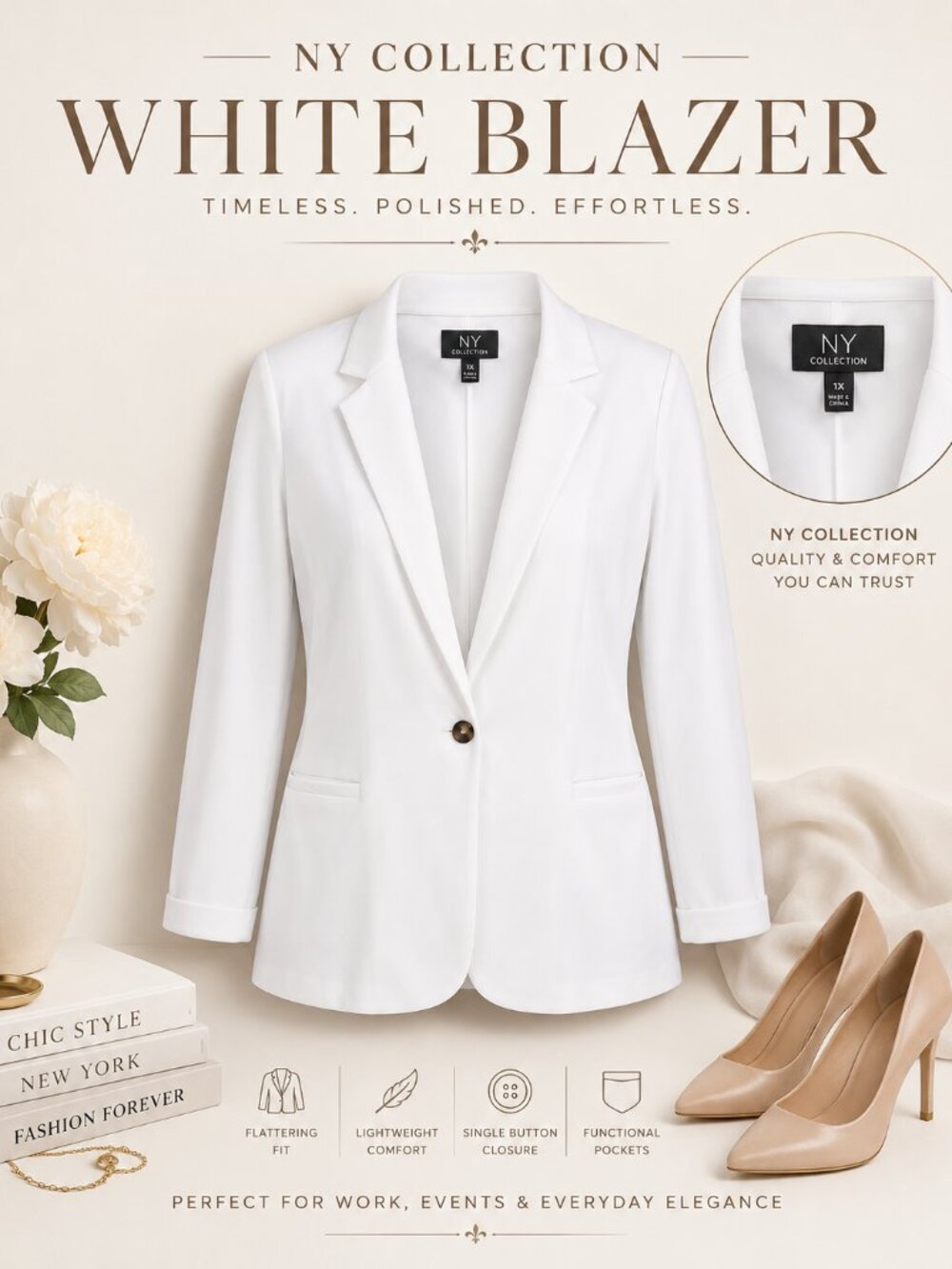 NY Collection Plus Size White 3/4 Sleeve Scuba Crepe Blazer 3X NWT